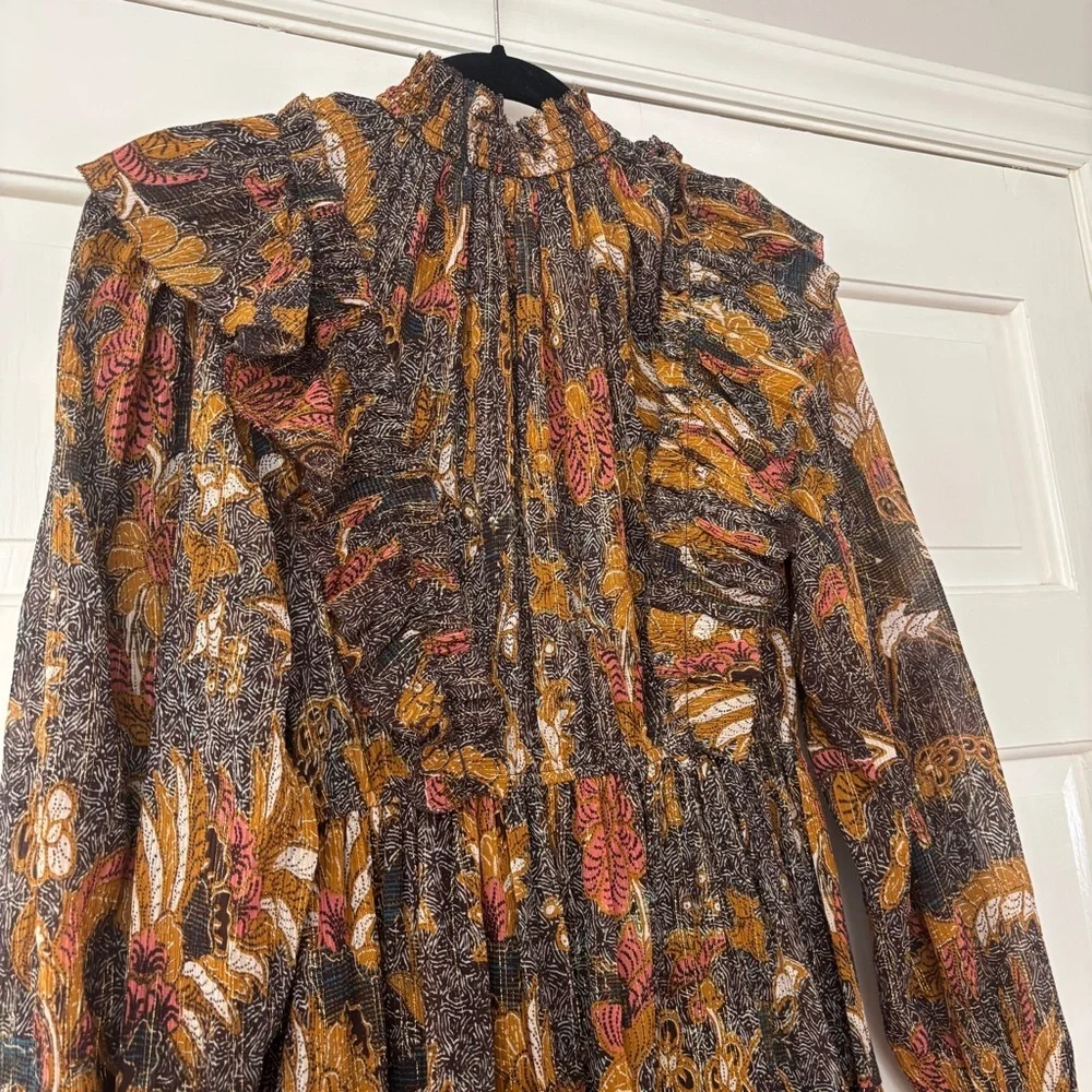 Ulla Johnson Vienne Bird of Paradise Mini Dress in Amber Size 2 Ruffle High Neck